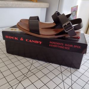 Rock & Candy faux leather black sandals ladies 6